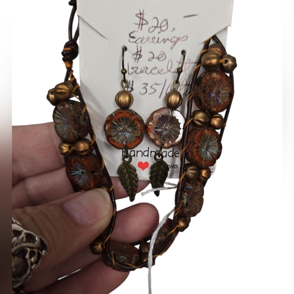 Handcrafted Leather Wrapped Bracelet & Earrings Set, w/Czech Glass Beads NWOT
